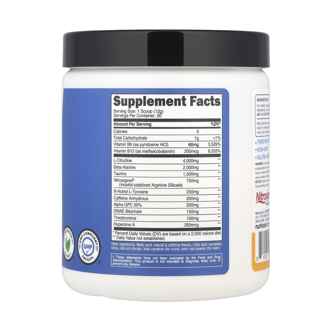 Nutricost, Performance, Pre-Workout Complex, Peach Mango, 12.6 oz (354 g) back packaging view