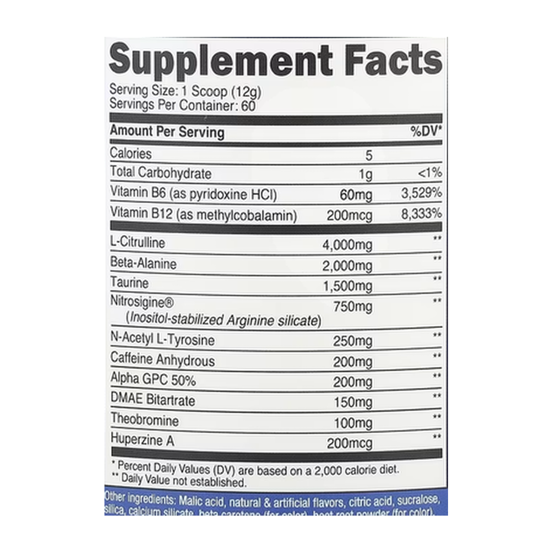 Nutricost, Performance, Pre-Workout Complex, Peach Mango, 1.6 lb, 708 g supplement facts label showing ingredients, vitamins, minerals, and serving information