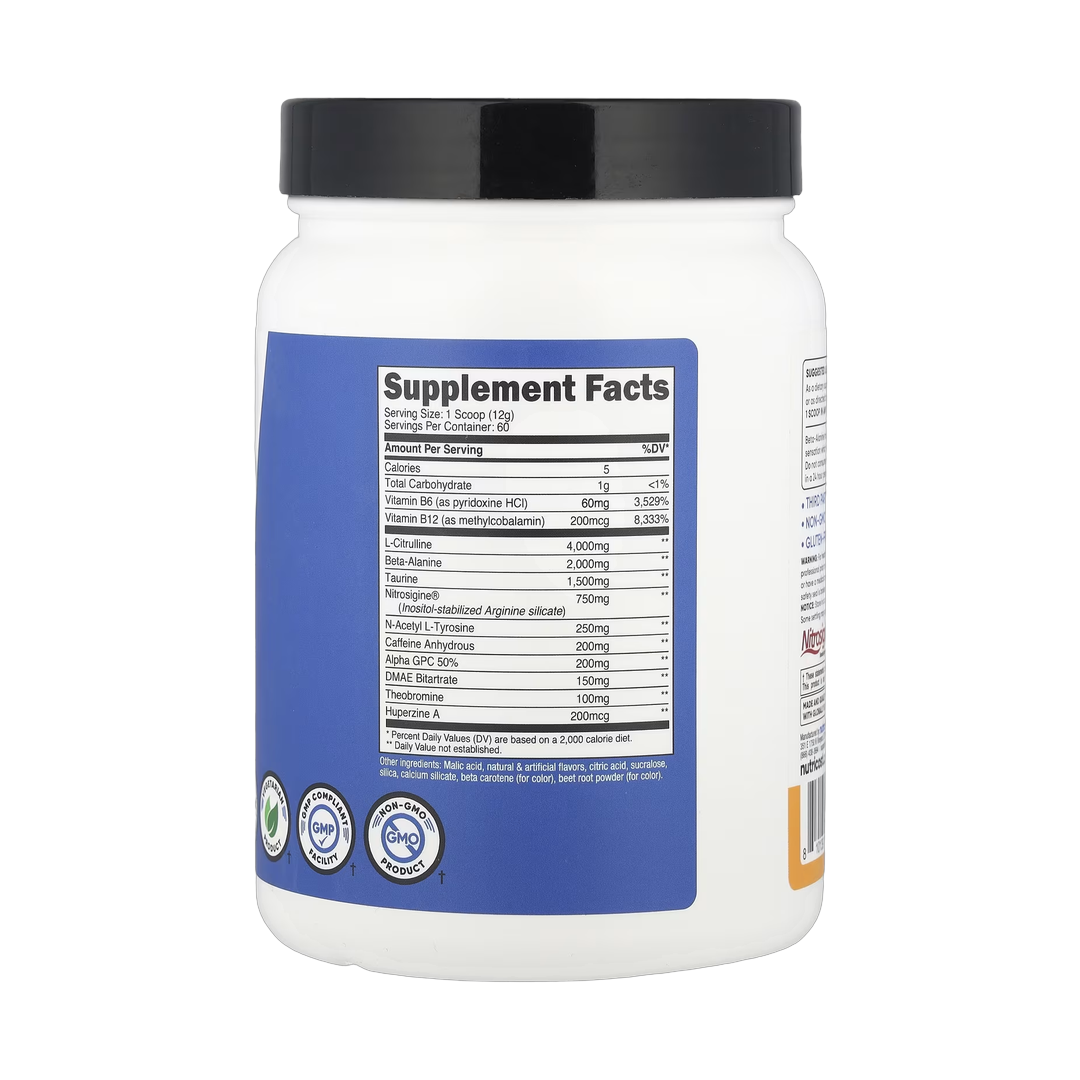 Nutricost, Performance, Pre-Workout Complex, Peach Mango, 1.6 lb, 708 g back packaging view