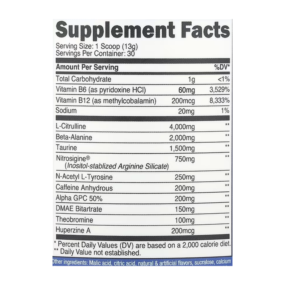 Nutricost, Performance, Pre-Workout Complex, Blue Raspberry, 13.8 oz, 387 g supplement facts label showing ingredients, vitamins, minerals, and serving information
