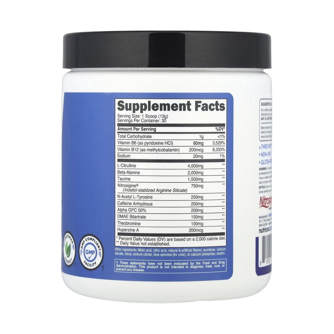 Nutricost, Performance, Pre-Workout Complex, Blue Raspberry, 13.8 oz, 387 g back packaging view
