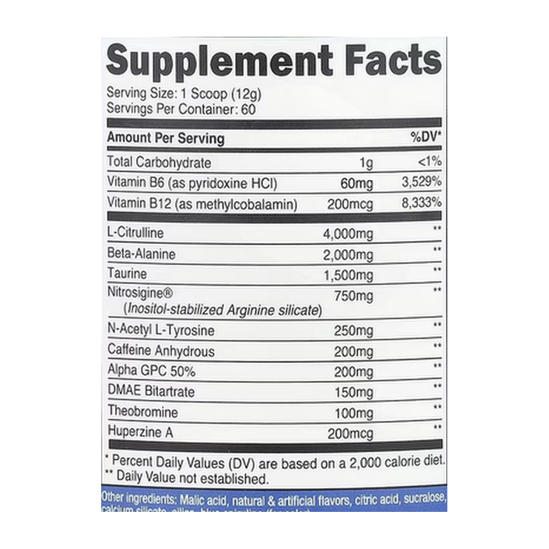 Nutricost, Performance, Pre-Workout Complex, Blue Raspberry, 1.6 lb, 708 g supplement facts label showing ingredients, vitamins, minerals, and serving information