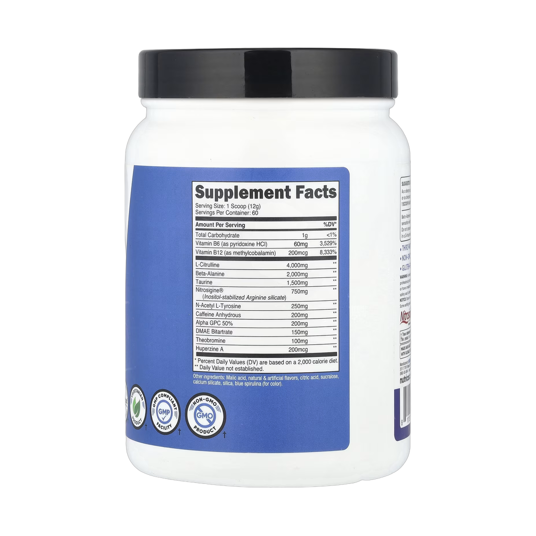 Nutricost, Performance, Pre-Workout Complex, Blue Raspberry, 1.6 lb, 708 g back packaging view