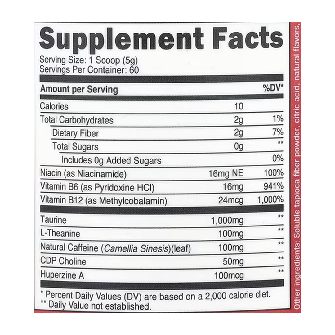 Nutricost, Energy, Clean Energy Powder, Strawberry Kiwi, 10.7 oz, 300 g supplement facts label showing ingredients, vitamins, minerals, and serving information