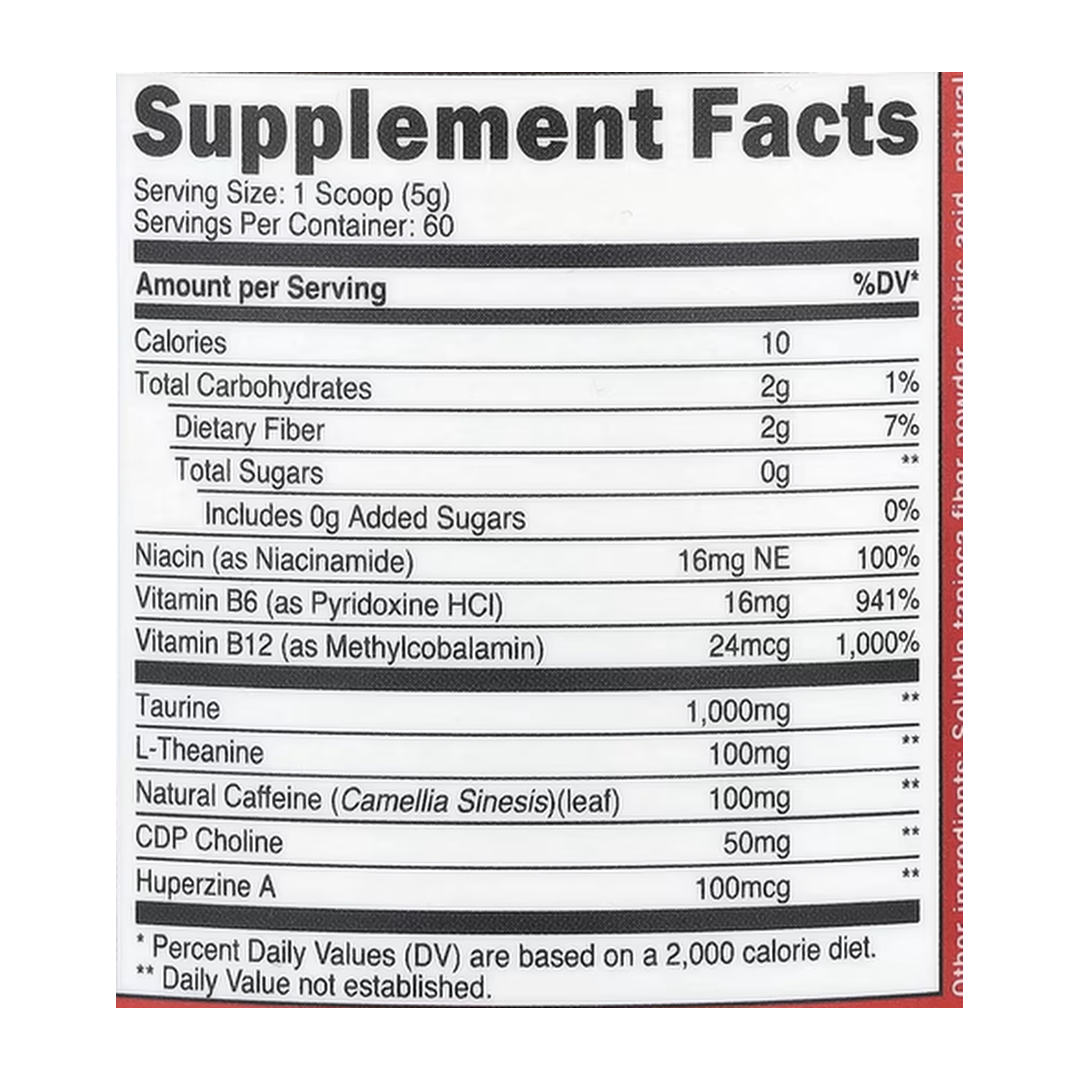Nutricost, Energy, Clean Energy Powder, Fruit Punch, 10.9 oz, 306 g supplement facts label showing ingredients, vitamins, minerals, and serving information