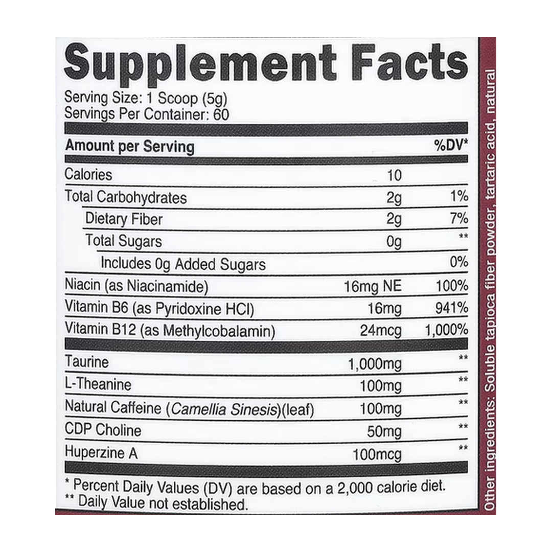 Nutricost, Energy, Clean Energy Powder, Grape, 10.7 oz, 300 g supplement facts label showing ingredients, vitamins, minerals, and serving information