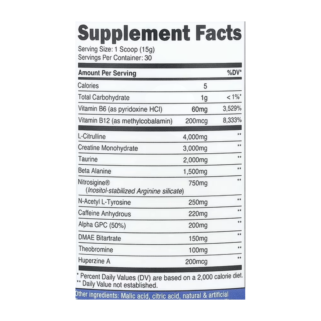 Nutricost, Performance, Pre-C, Pre-Workout Complex With Creatine, Fruit Punch, 1 lb, 453 g supplement facts label showing ingredients, vitamins, minerals, and serving information