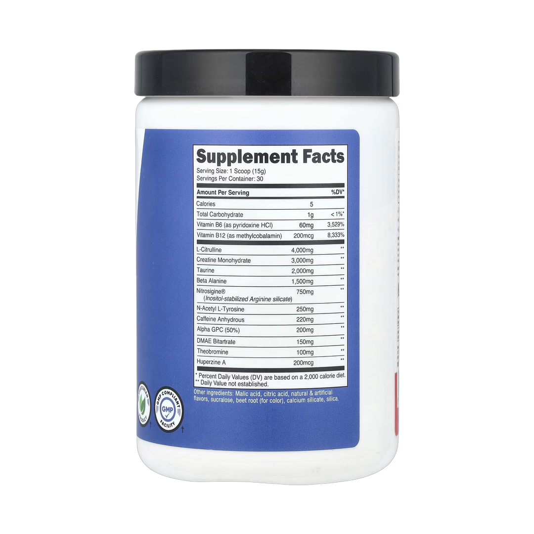 Nutricost, Performance, Pre-C, Pre-Workout Complex With Creatine, Fruit Punch, 1 lb, 453 g back packaging view