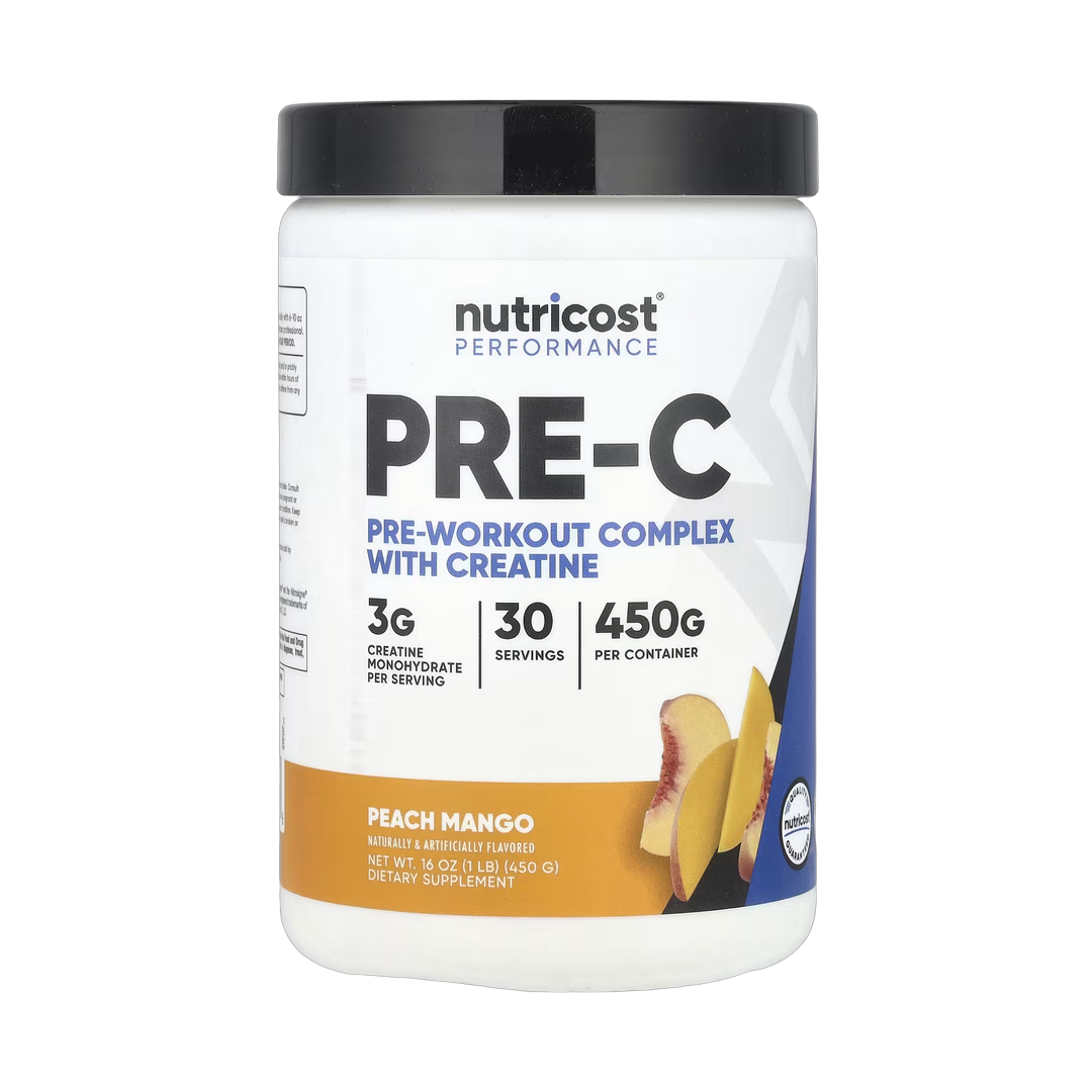 Nutricost, Performance, Pre-C, Pre-Workout Complex With Creatine, Peach Mango, 1 lb, 450 g front packaging view