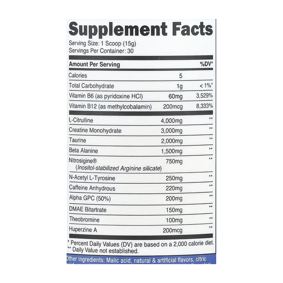 Nutricost, Performance, Pre-C, Pre-Workout Complex With Creatine, Peach Mango, 1 lb, 450 g supplement facts label showing ingredients, vitamins, minerals, and serving information