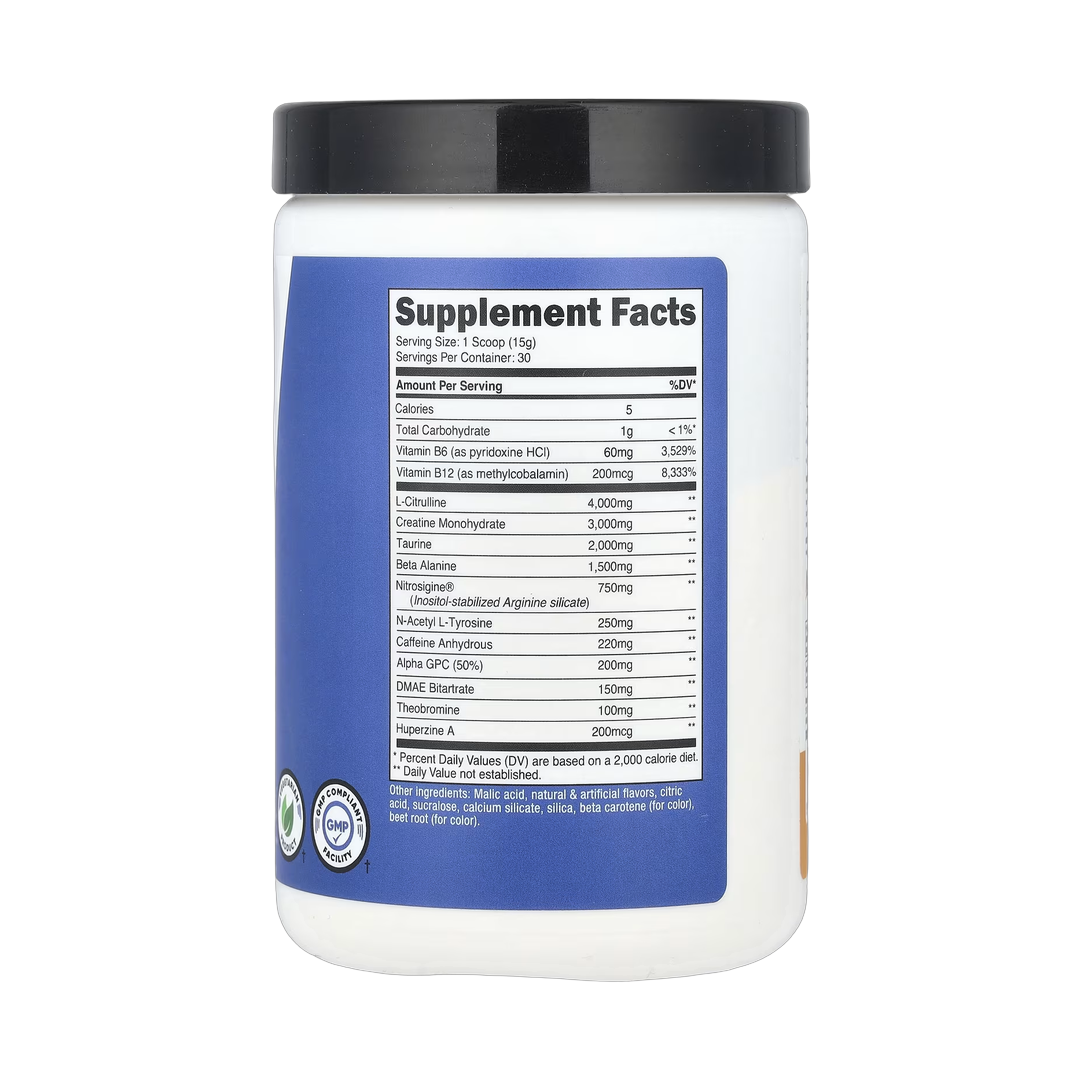 Nutricost, Performance, Pre-C, Pre-Workout Complex With Creatine, Peach Mango, 1 lb, 450 g back packaging view