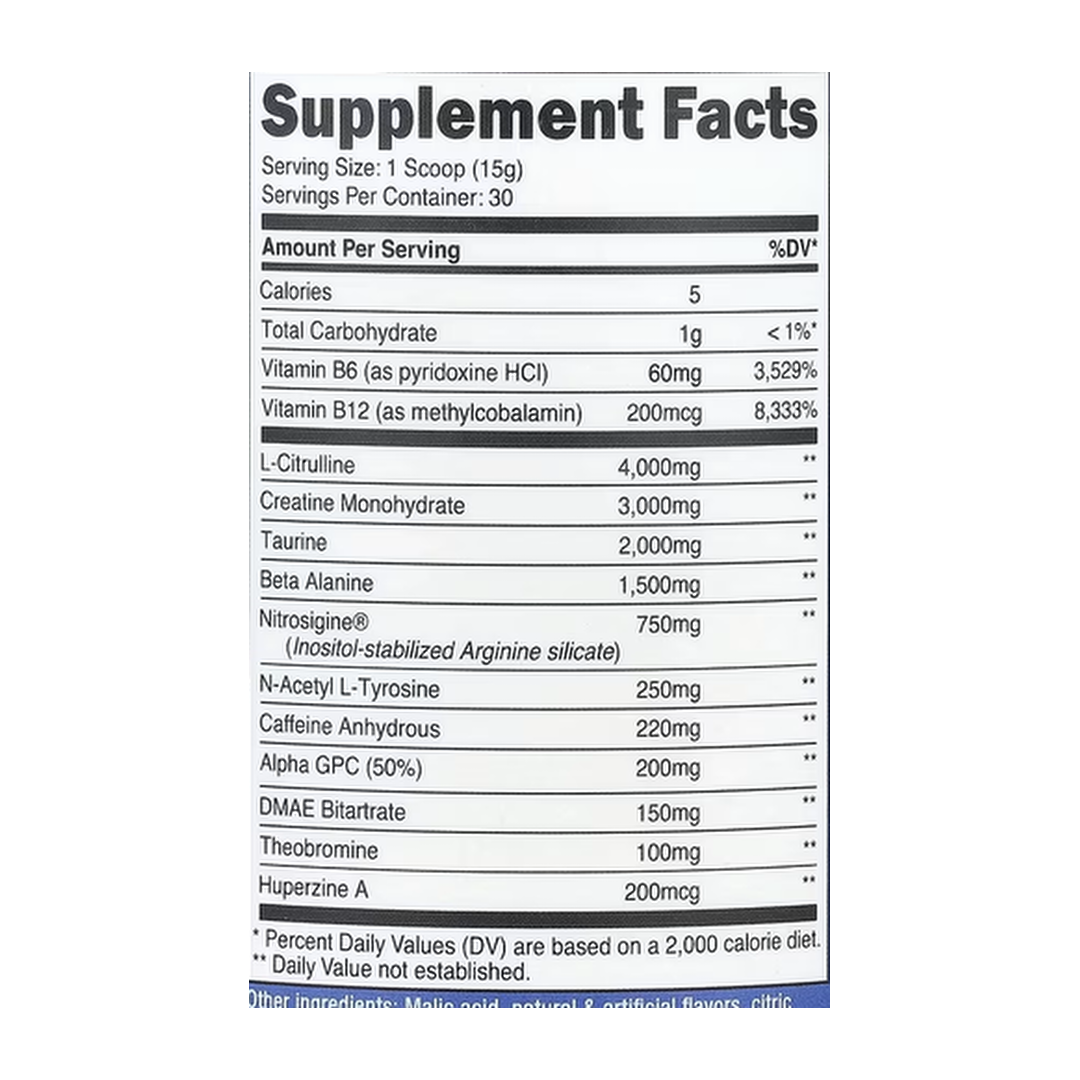 Nutricost, Performance, Pre-C, Pre-Workout Complex With Creatine, Blue Raspberry, 1 lb, 450 g supplement facts label showing ingredients, vitamins, minerals, and serving information