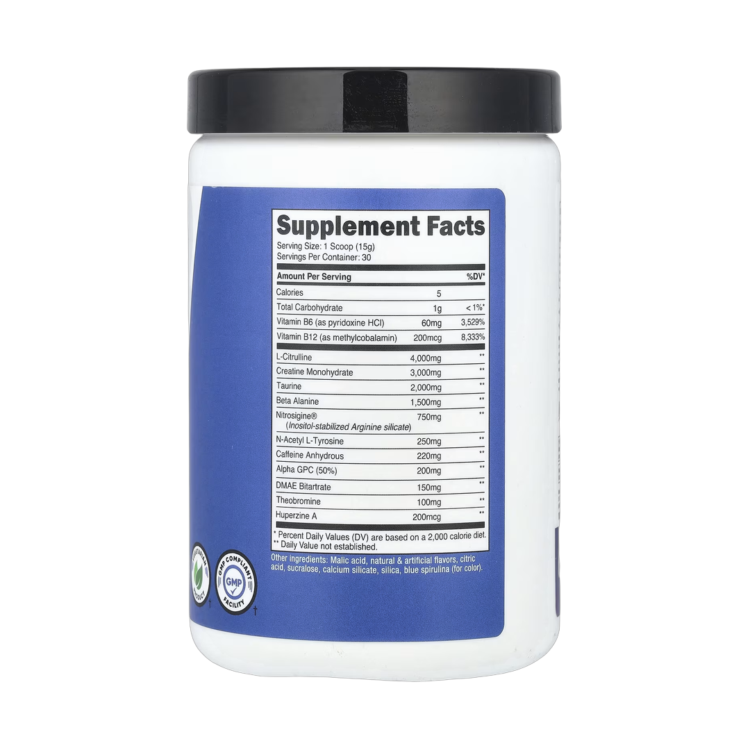 Nutricost, Performance, Pre-C, Pre-Workout Complex With Creatine, Blue Raspberry, 1 lb, 450 g back packaging view