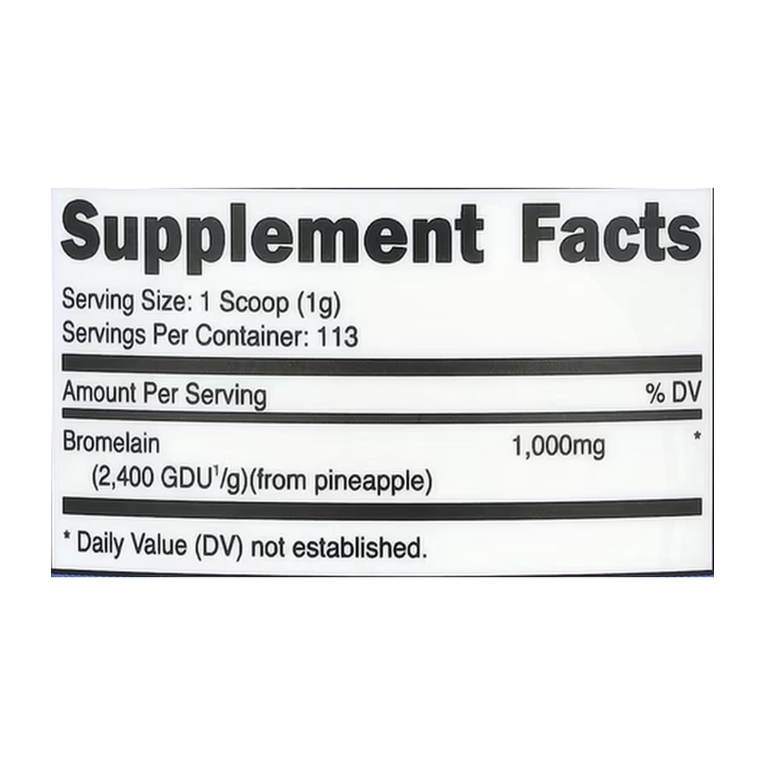 Nutricost, Bromelain, Unflavored , 4 oz, 113 g supplement facts label showing ingredients, vitamins, minerals, and serving information