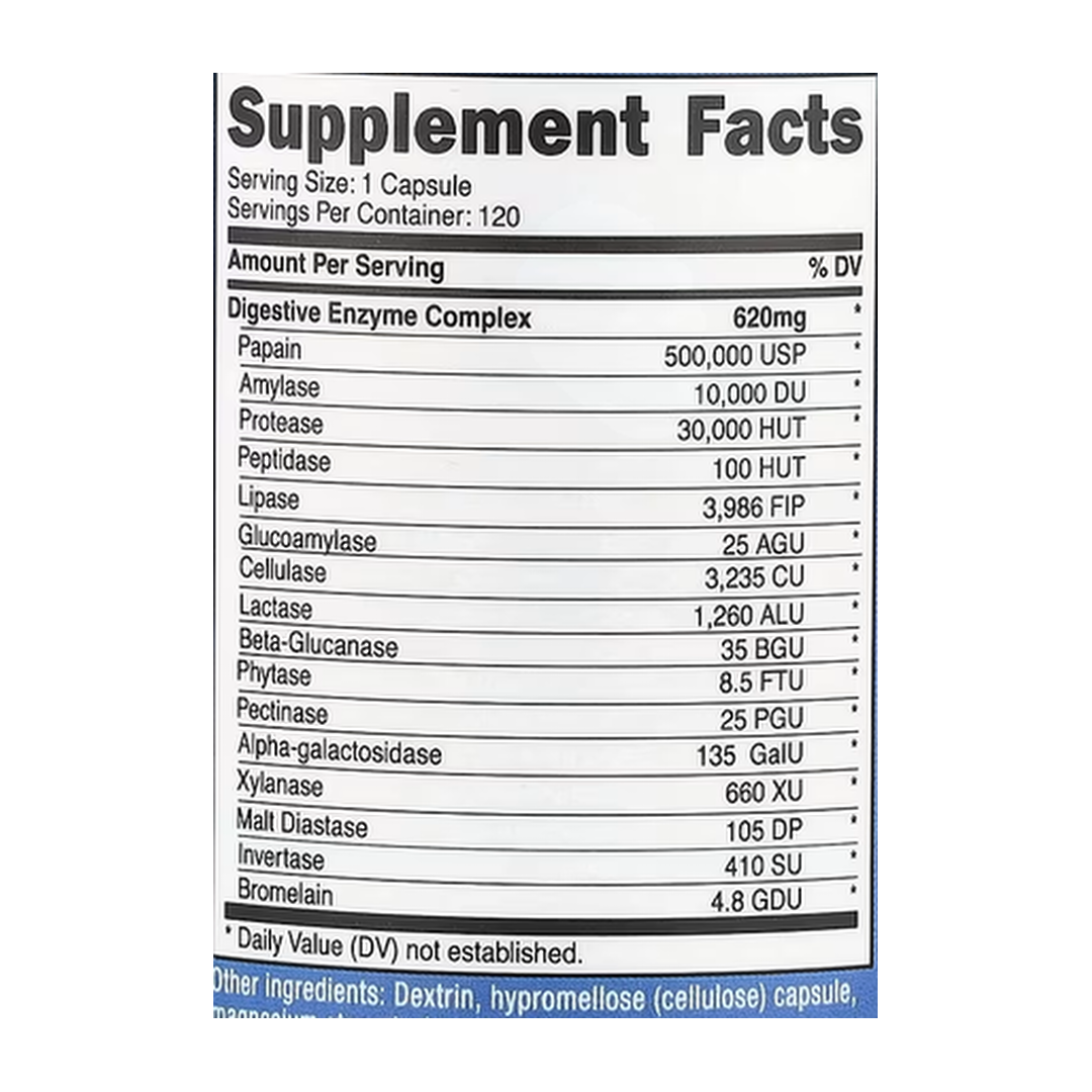 Nutricost, Digestive Enzymes, 620 mg, 120 Capsules supplement facts label showing ingredients, vitamins, minerals, and serving information