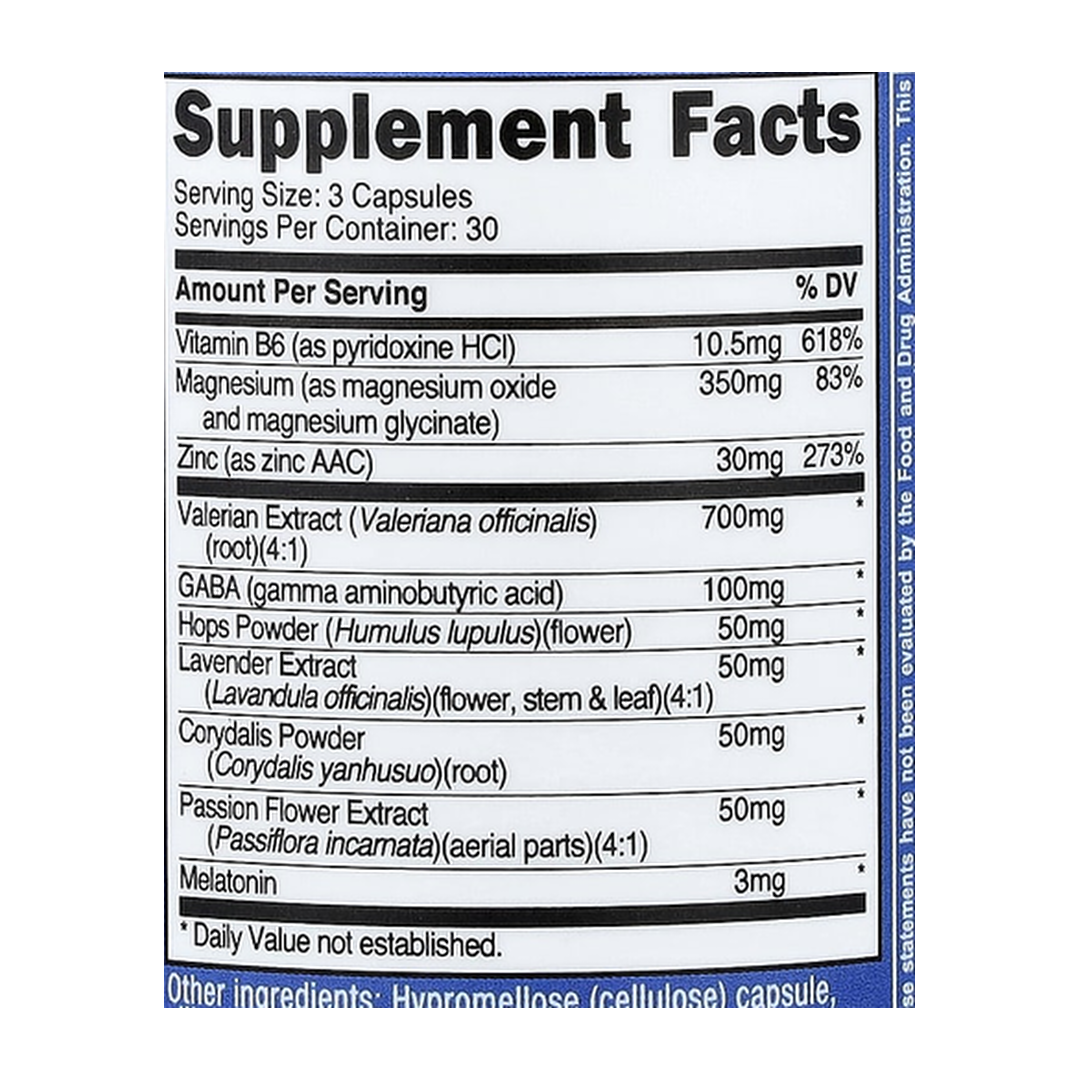 Nutricost, Sleep Aid Complex , 90 Capsules supplement facts label showing ingredients, vitamins, minerals, and serving information