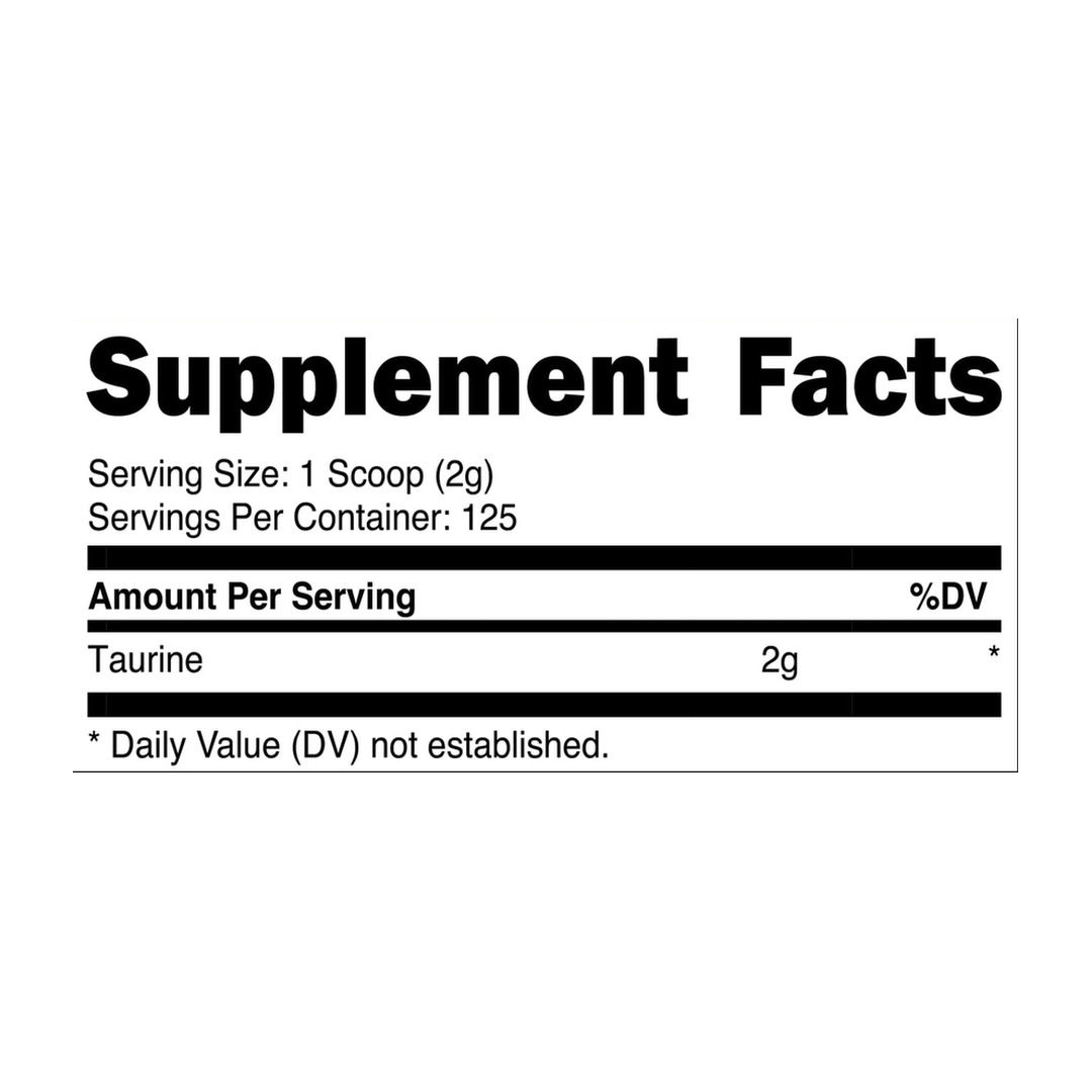Nutricost, Taurine, Unflavored, 8.9 oz, 250 g supplement facts label showing ingredients, vitamins, minerals, and serving information