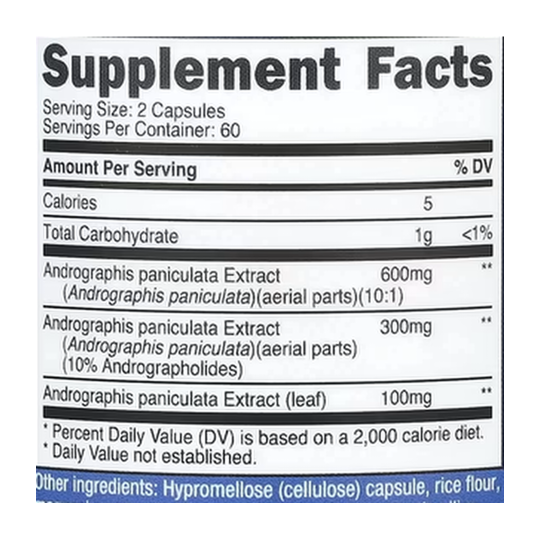 Nutricost, Andrographis Extract, 1,000 mg, 120 Capsules supplement facts label showing ingredients, vitamins, minerals, and serving information