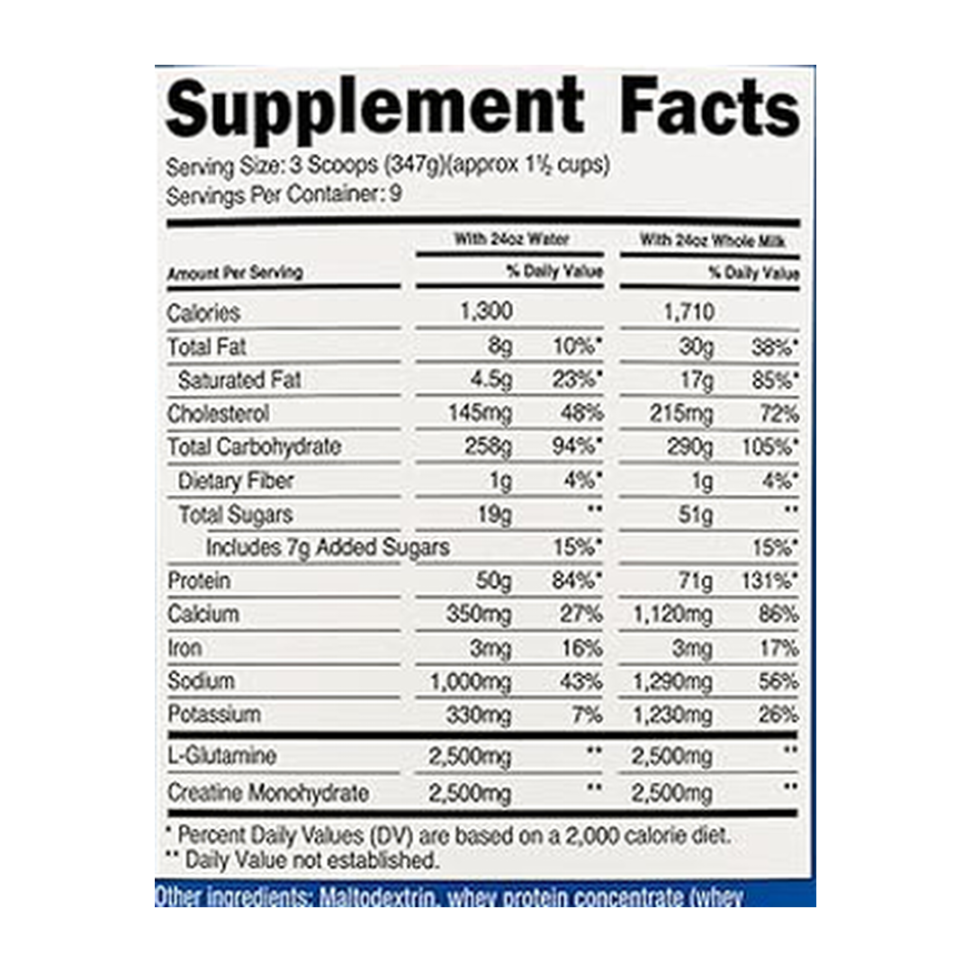 Nutricost, Mass Gainer, Cookies N Cream Flavor, 6.9 lb supplement facts label showing ingredients, vitamins, minerals, and serving information