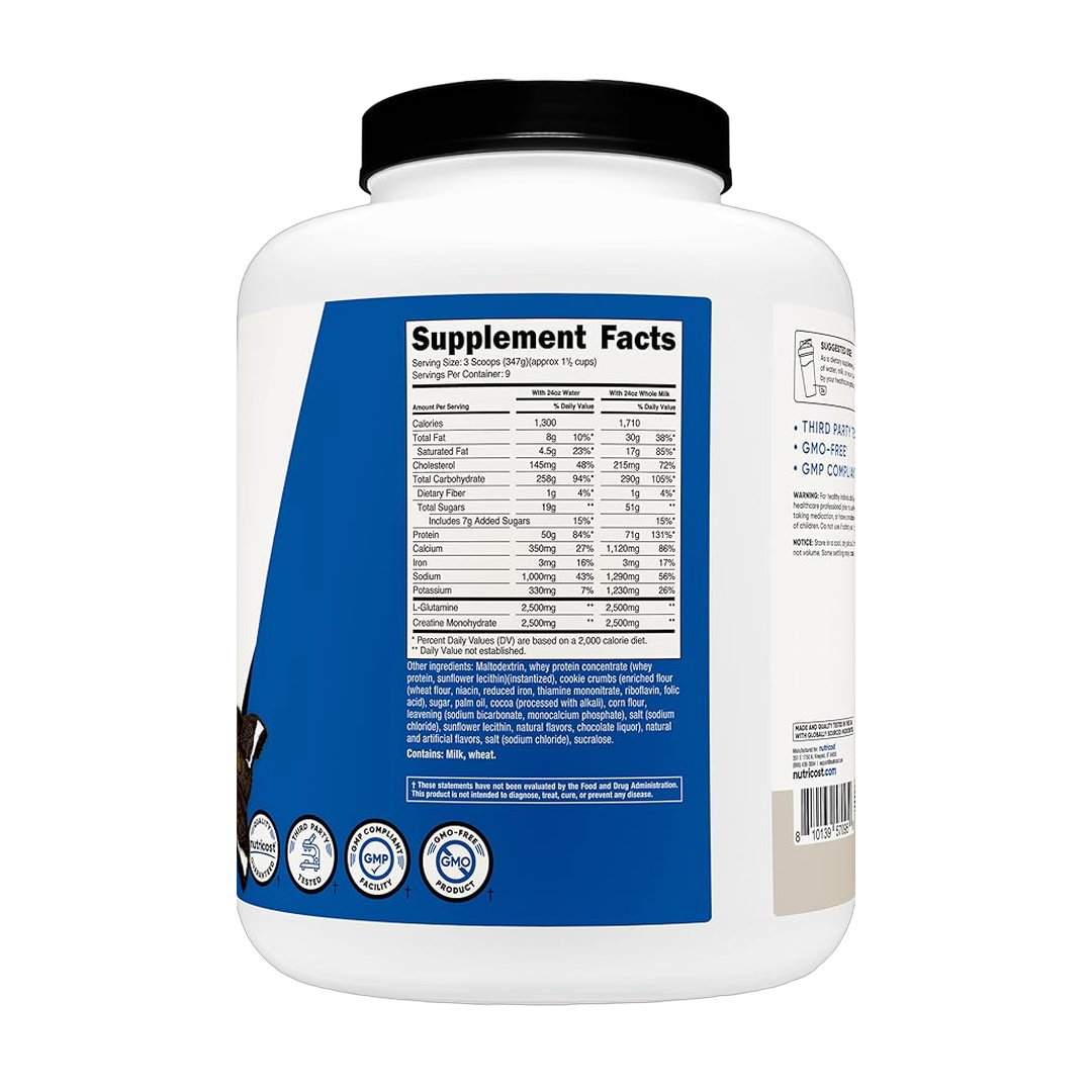 Nutricost, Mass Gainer, Cookies N Cream Flavor, 6.9 lb back packaging view