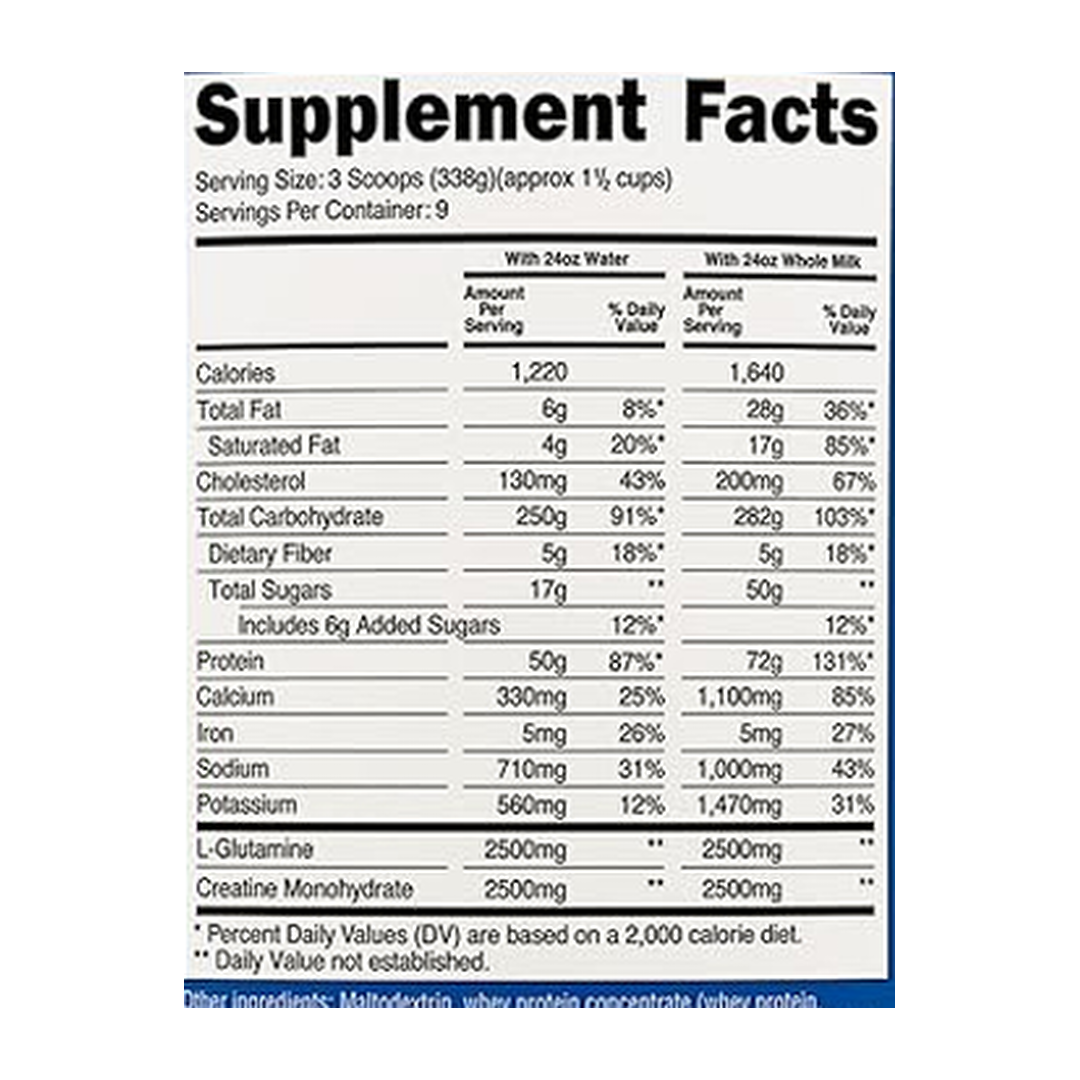 Nutricost, Mass Gainer, Chocolate Peanut Butter Flavor, 6.7 LBS supplement facts label showing ingredients, vitamins, minerals, and serving information