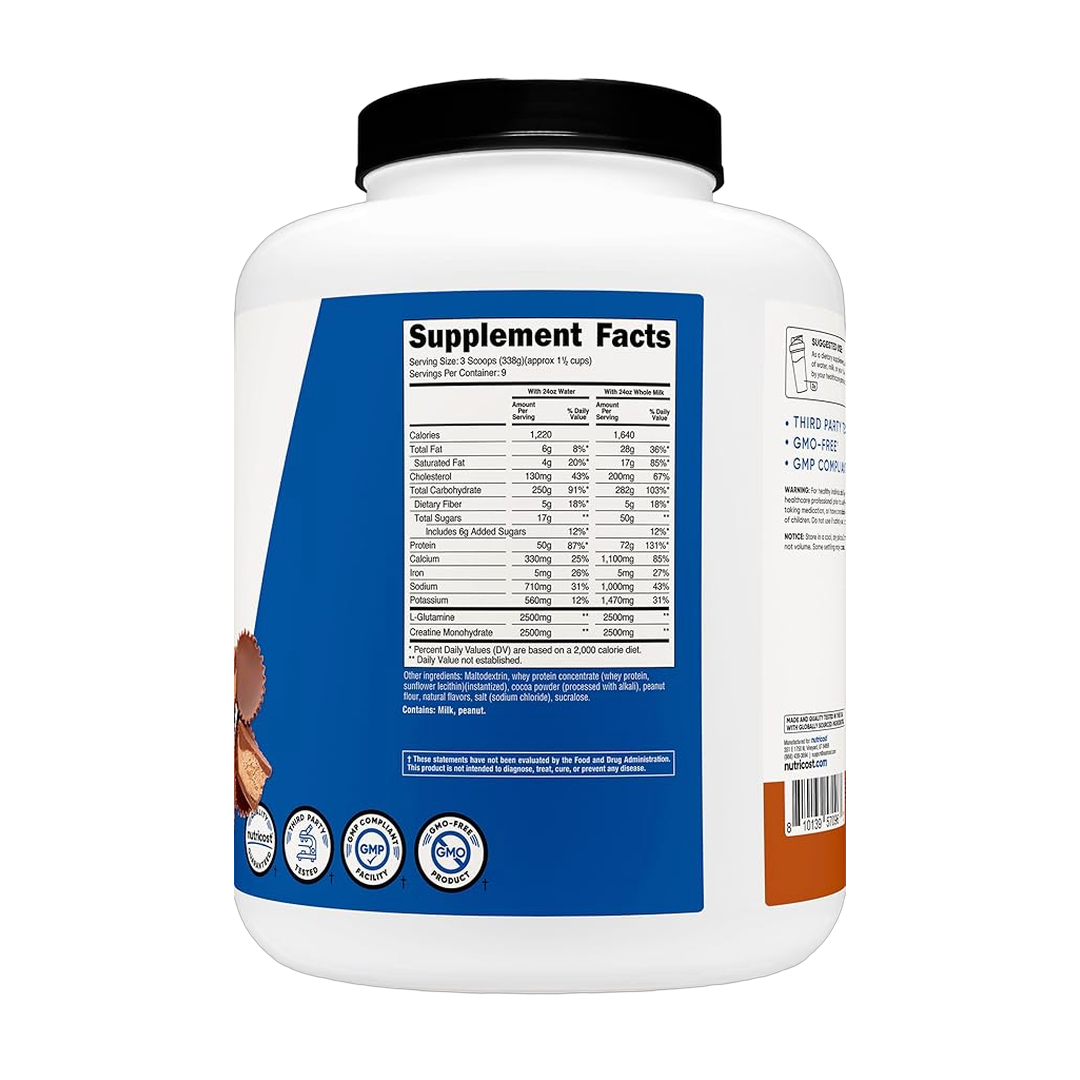 Nutricost, Mass Gainer, Chocolate Peanut Butter Flavor, 6.7 LBS back packaging view