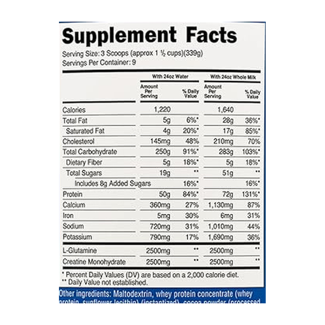 Nutricost, Mass Gainer, Double Chocolate Flavor, 6.7 lb supplement facts label showing ingredients, vitamins, minerals, and serving information