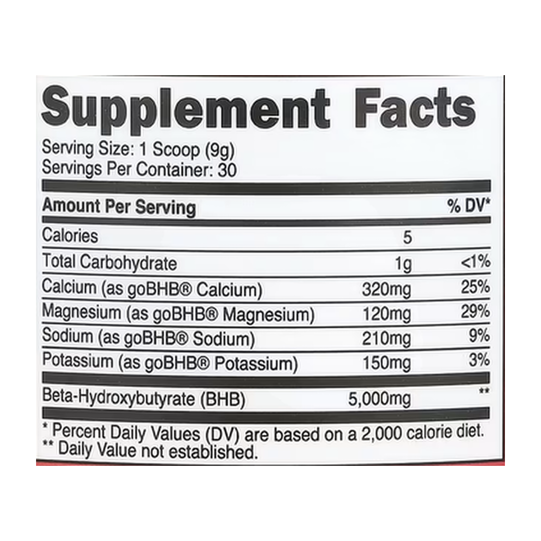Nutricost, BHB Salts, goBHB®, Fruit Punch, 9.3 oz, 261 g supplement facts label showing ingredients, vitamins, minerals, and serving information