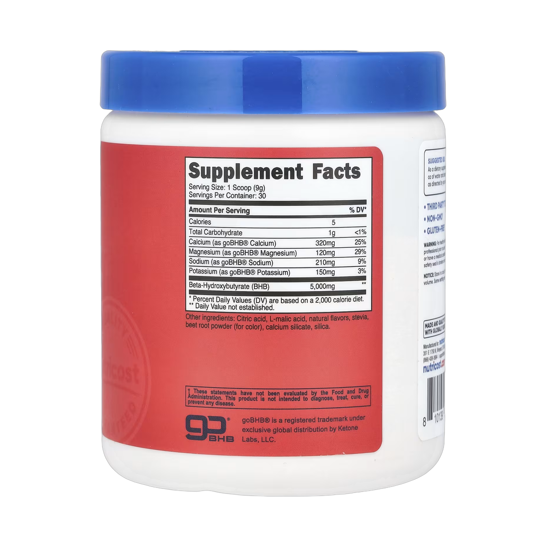 Nutricost, BHB Salts, goBHB, Fruit Punch, 9.3 oz, 261 g back packaging view