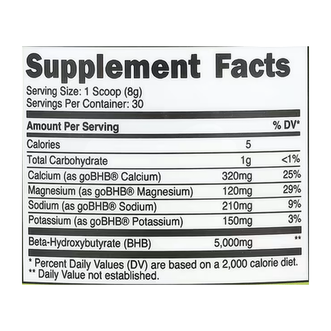 Nutricost, BHB Salts, goBHB®, Green Apple, 9 oz, 252 g supplement facts label showing ingredients, vitamins, minerals, and serving information