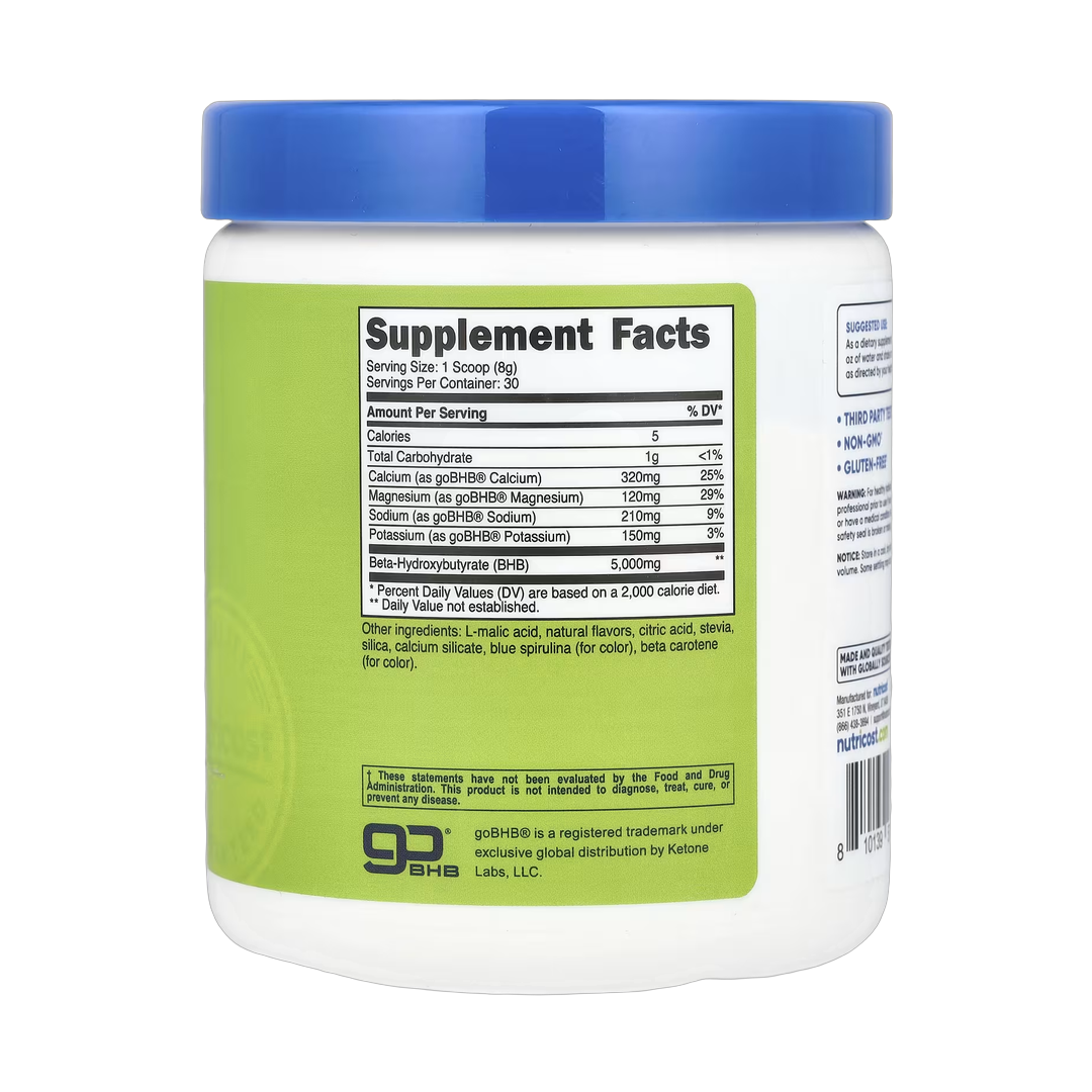 Nutricost, BHB Salts, goBHB, Green Apple, 9 oz, 252 g back packaging view