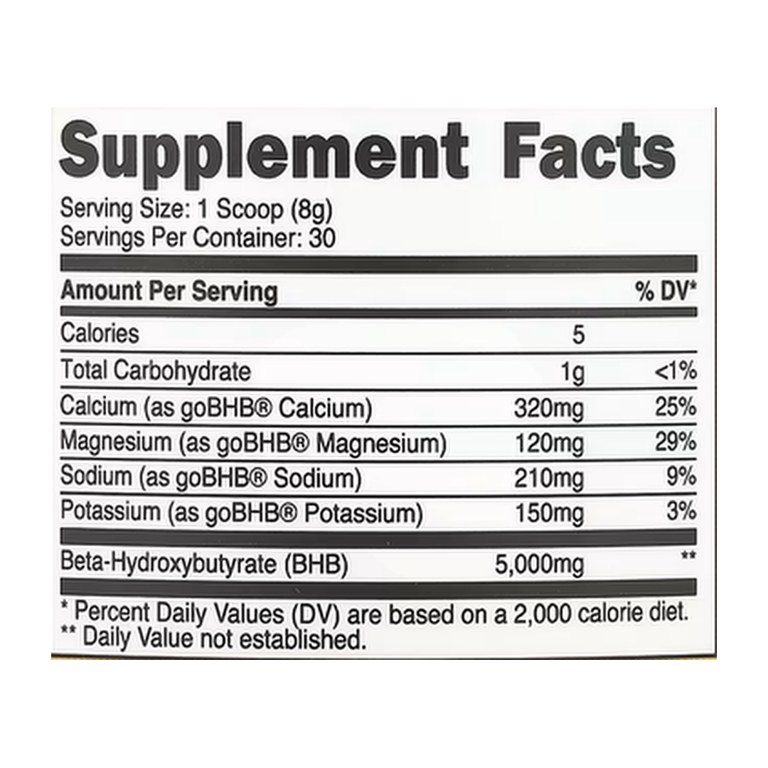 Nutricost, BHB Salts, goBHB®, Peach Mango, 8.9 oz, 249 g supplement facts label showing ingredients, vitamins, minerals, and serving information