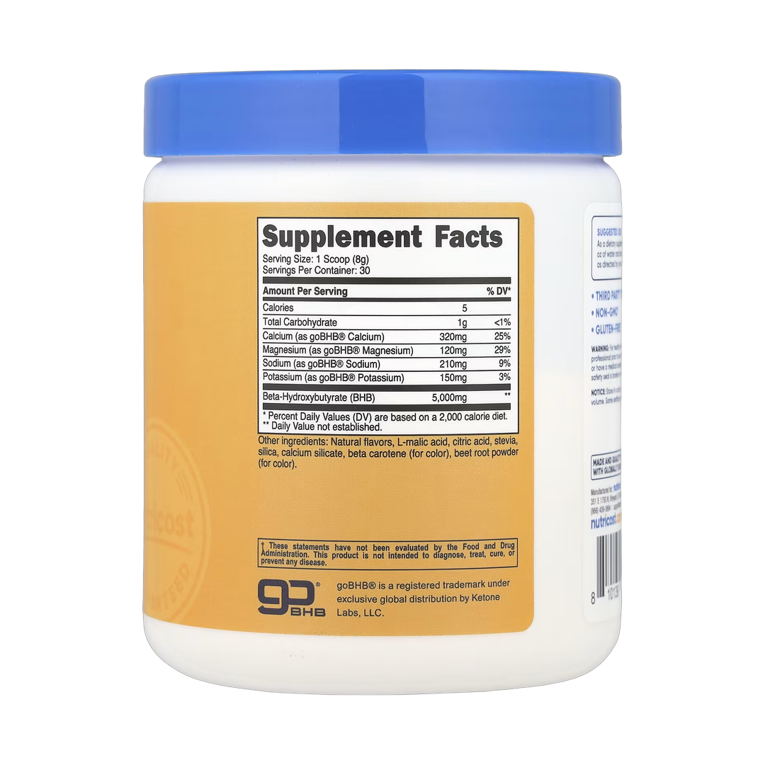 Nutricost, BHB Salts, goBHB, Peach Mango, 8.9 oz, 249 g back packaging view