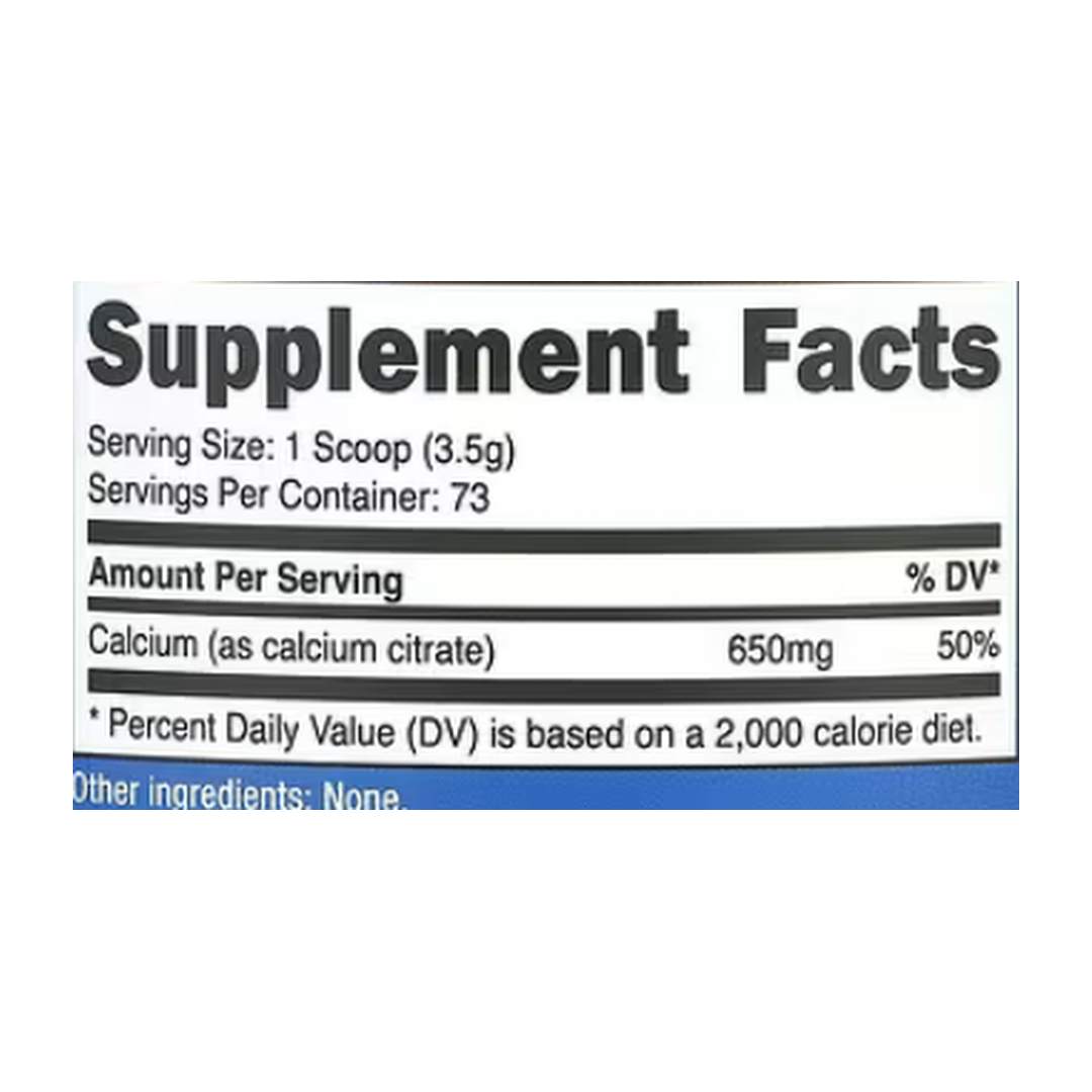 Nutricost, Calcium Citrate, Unflavored, 8.9 oz, 250 g supplement facts label showing ingredients, vitamins, minerals, and serving information