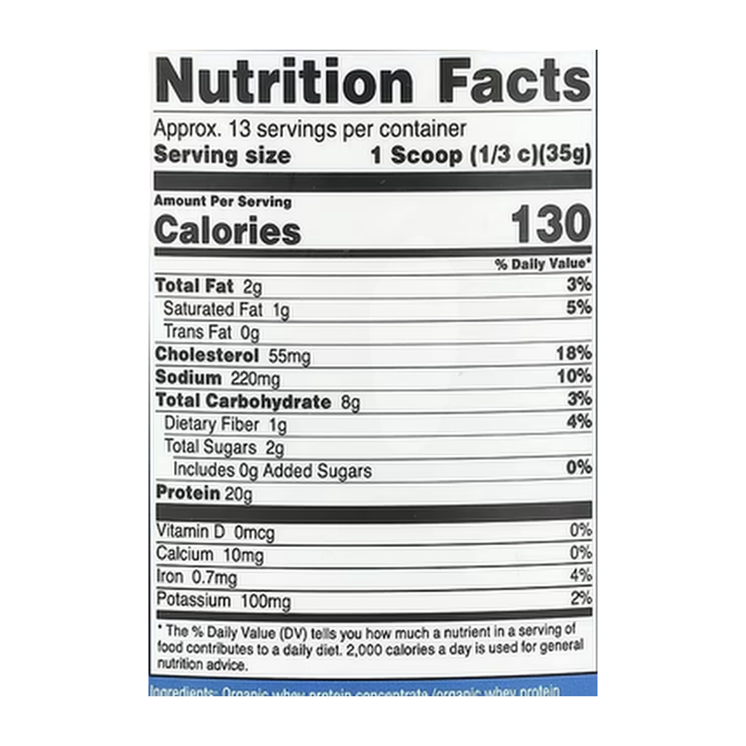Nutricost, Organic Whey Protein, Chocolate PB, 1 lb, 454 g supplement facts label showing ingredients, vitamins, minerals, and serving information