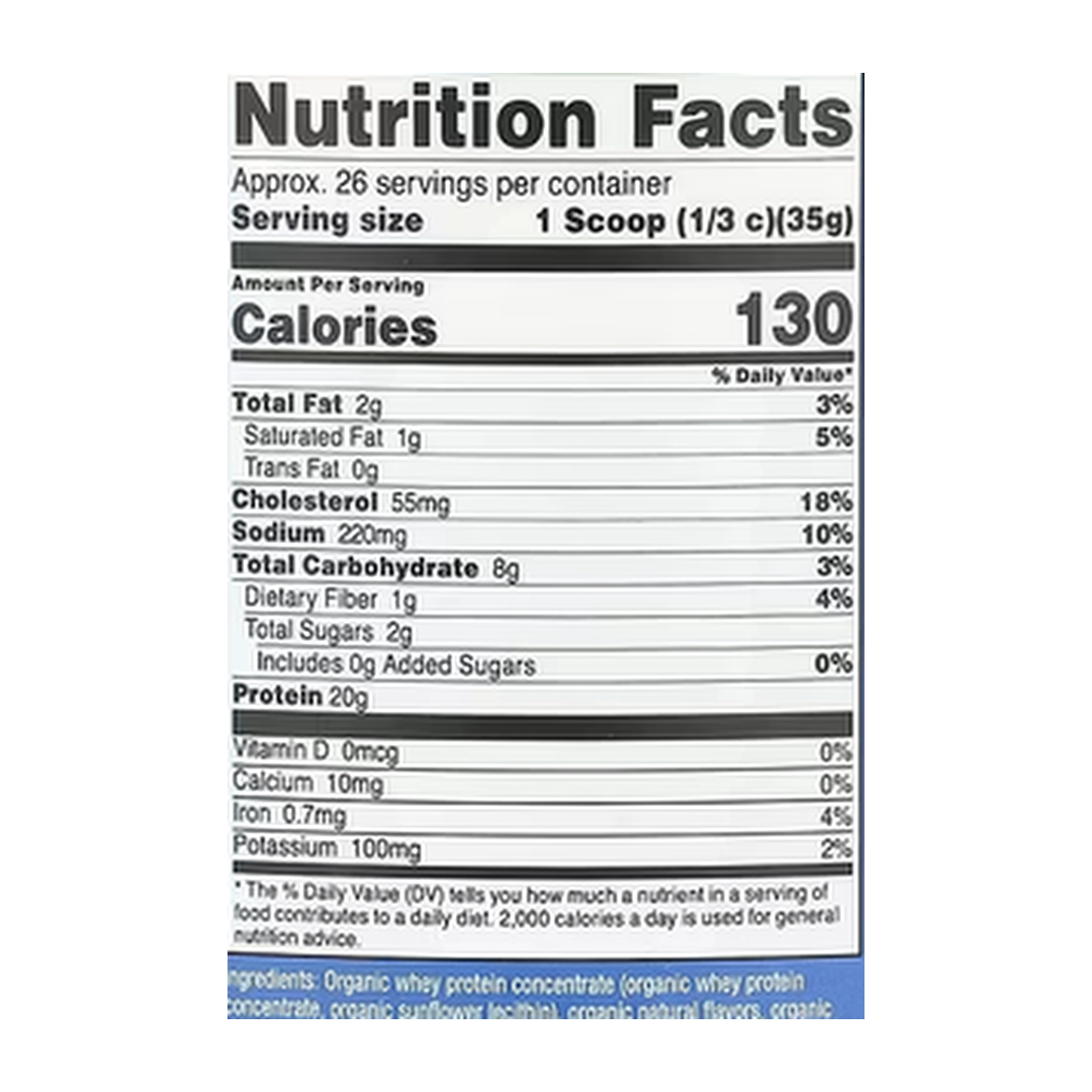 Nutricost, Organic Whey Protein, Chocolate PB, 2 lb, 907 g supplement facts label showing ingredients, vitamins, minerals, and serving information