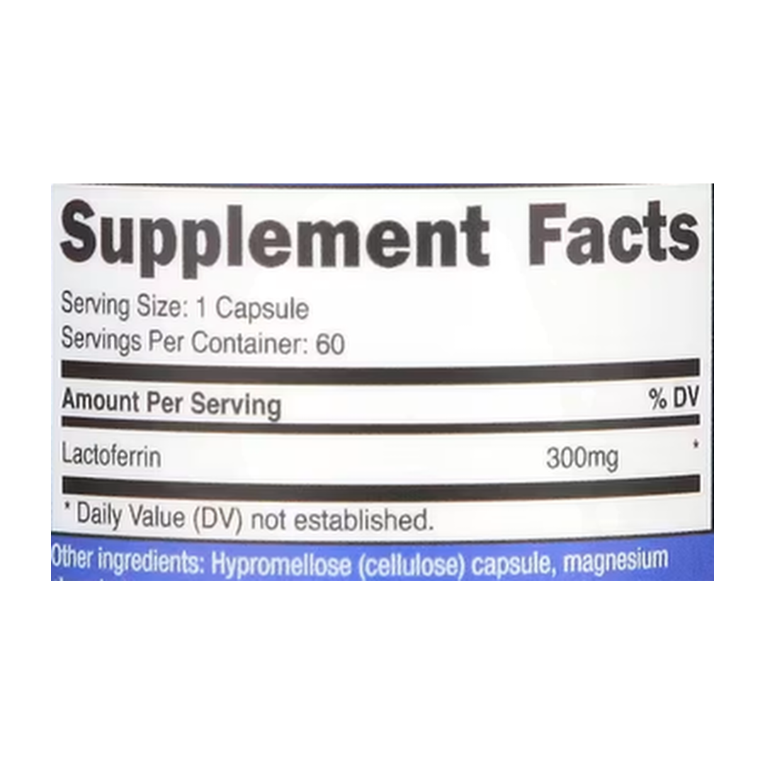 Nutricost, Lactoferrin, 300 mg, 60 Capsules supplement facts label showing ingredients, vitamins, minerals, and serving information