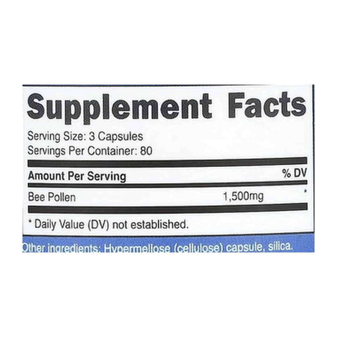 Nutricost, Bee Pollen, 240 Capsules supplement facts label showing ingredients, vitamins, minerals, and serving information