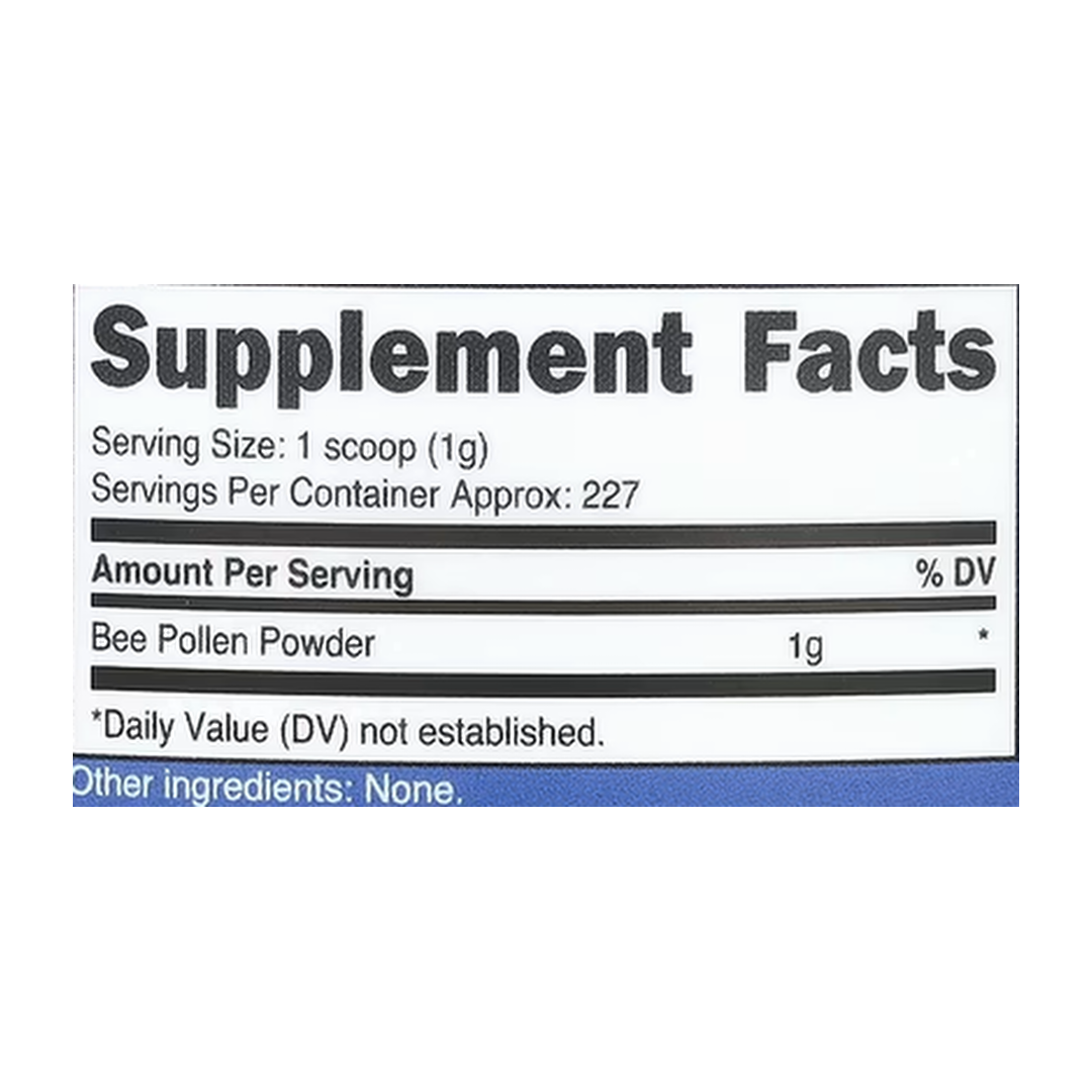 Nutricost, Bee Pollen Powder, Unflavored, 8.1 oz, 227 g supplement facts label showing ingredients, vitamins, minerals, and serving information