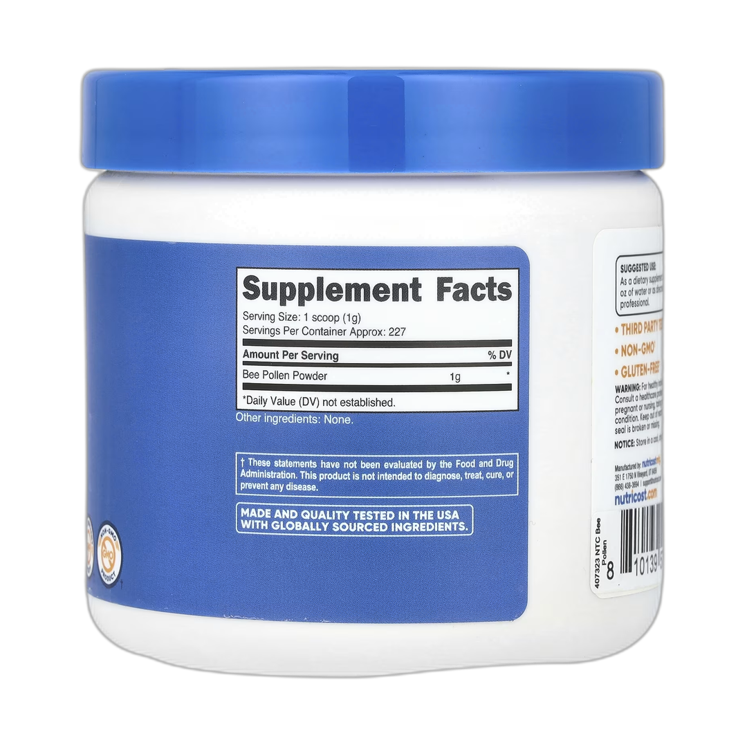 Nutricost, Bee Pollen Powder, Unflavored, 8.1 oz, 227 g back packaging view