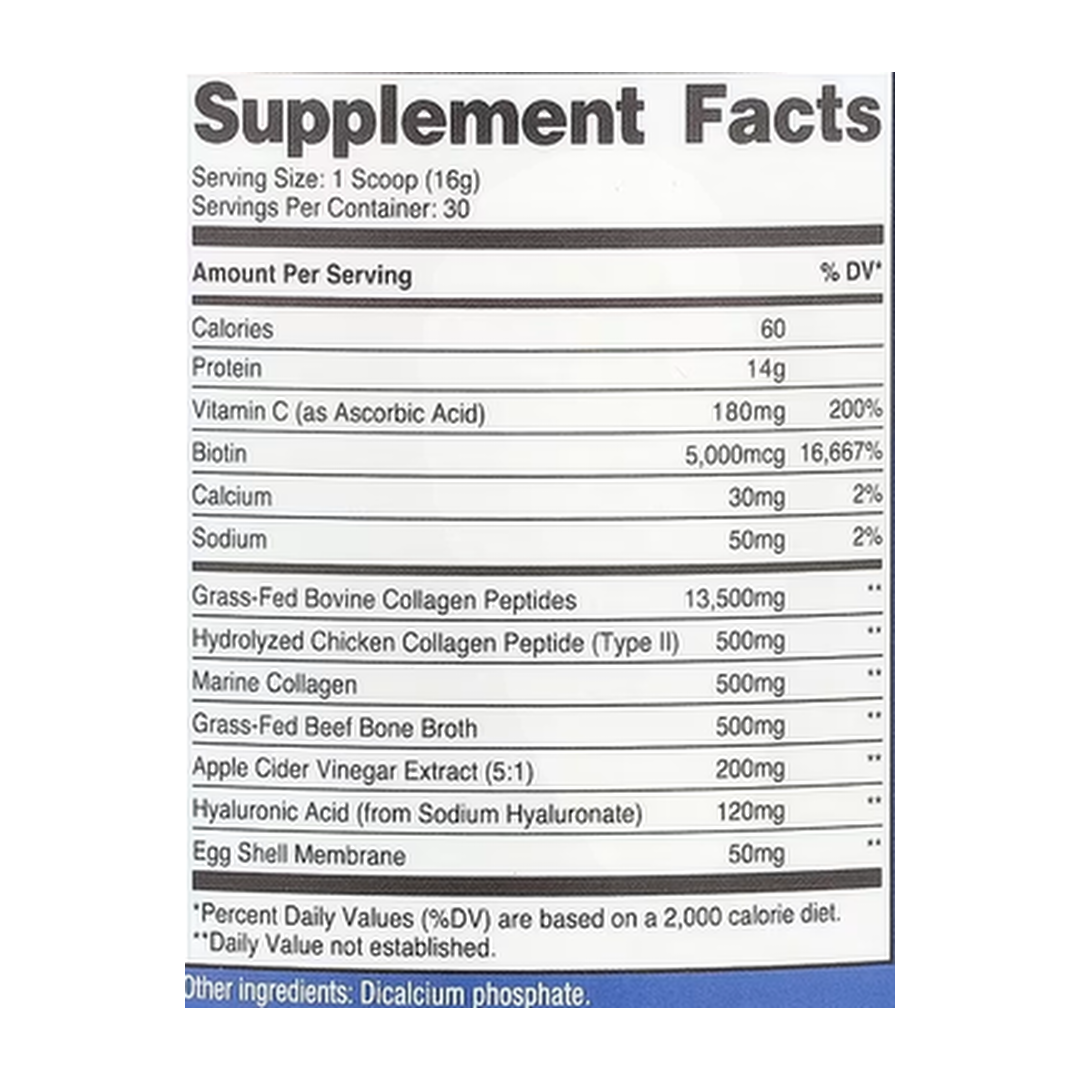 Nutricost, Multi Collagen Protein Complex, Unflavored, 1.1 lb, 486 g supplement facts label showing ingredients, vitamins, minerals, and serving information