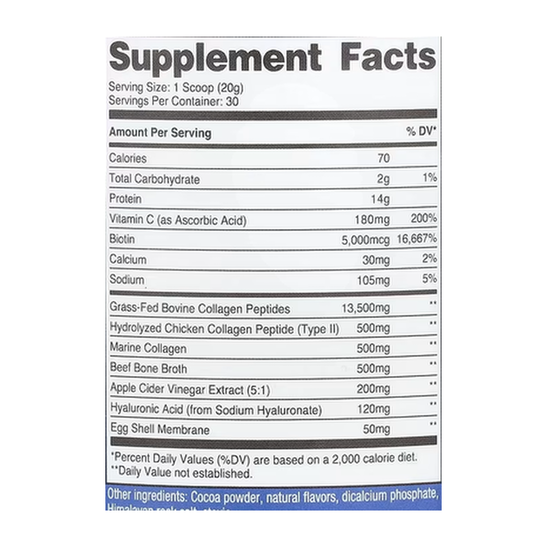 Nutricost, Multi Collagen Protein Complex, Milk Chocolate, 1.3 lb, 588 g supplement facts label showing ingredients, vitamins, minerals, and serving information