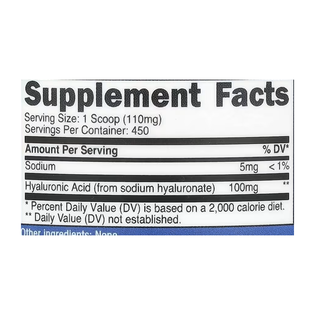 Nutricost, Hyaluronic Acid, Unflavored, 1.8 oz, 50 g supplement facts label showing ingredients, vitamins, minerals, and serving information