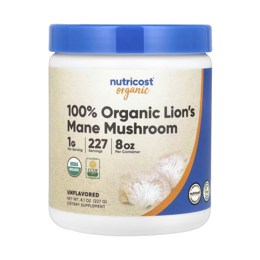 Nutricost, 100% Organic Lion's Mane Mushroom, Unflavored , 8.1 oz, 227 g front packaging view