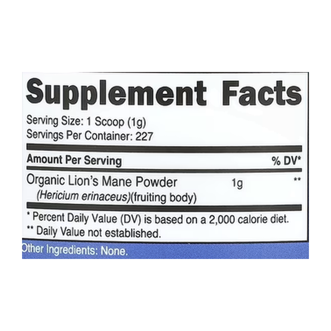Nutricost, 100% Organic Lion's Mane Mushroom, Unflavored , 8.1 oz, 227 g supplement facts label showing ingredients, vitamins, minerals, and serving information