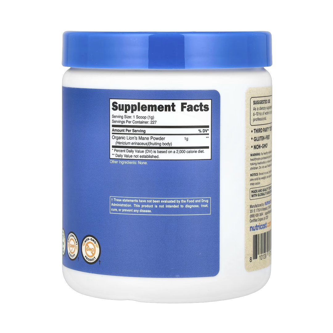Nutricost, 100% Organic Lion's Mane Mushroom, Unflavored , 8.1 oz, 227 g back packaging view