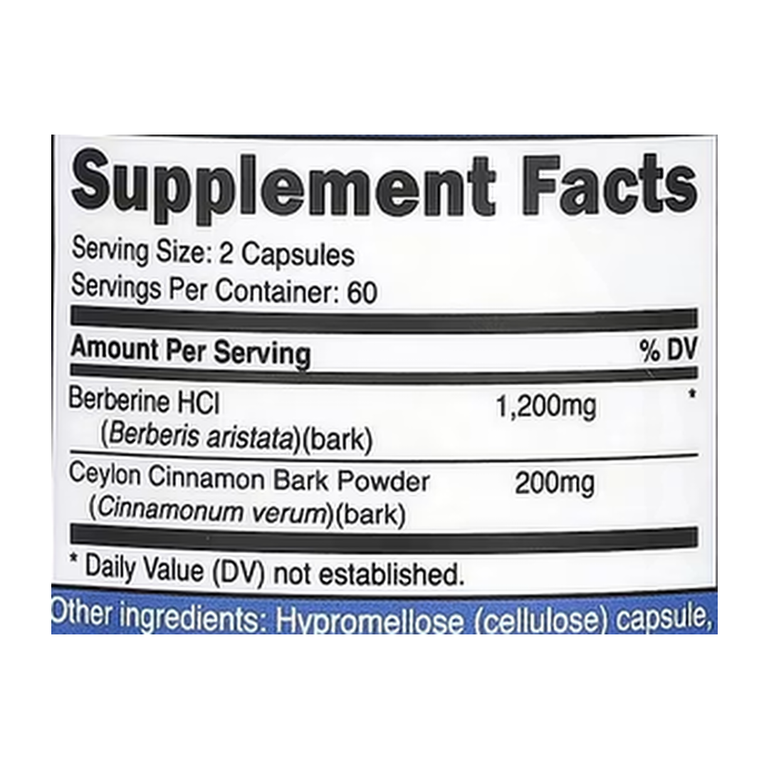 Nutricost, Berberine HCl With Ceylon Cinnamon, 120 Capsules supplement facts label showing ingredients, vitamins, minerals, and serving information