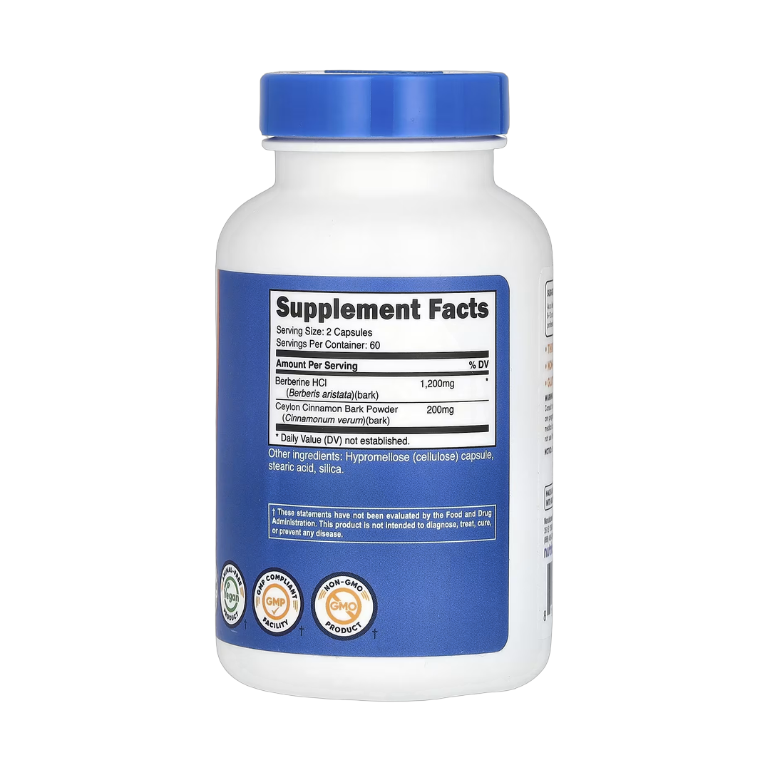 Nutricost, Berberine HCl With Ceylon Cinnamon, 120 Capsules back packaging view