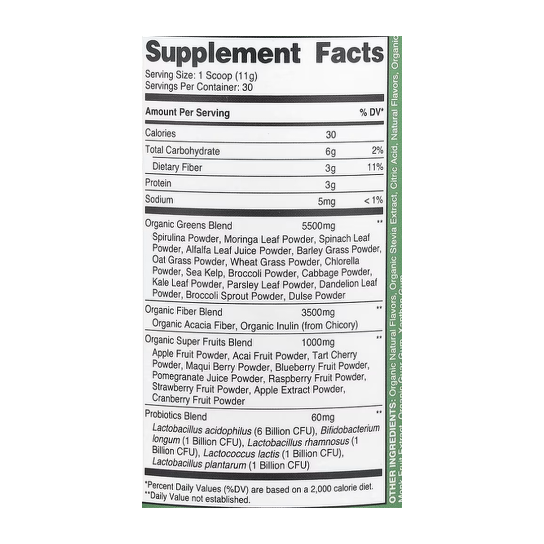 Nutricost, Organic Super Greens, Orange Sunrise, 12.2 oz (342 g) supplement facts label showing ingredients, vitamins, minerals, and serving information