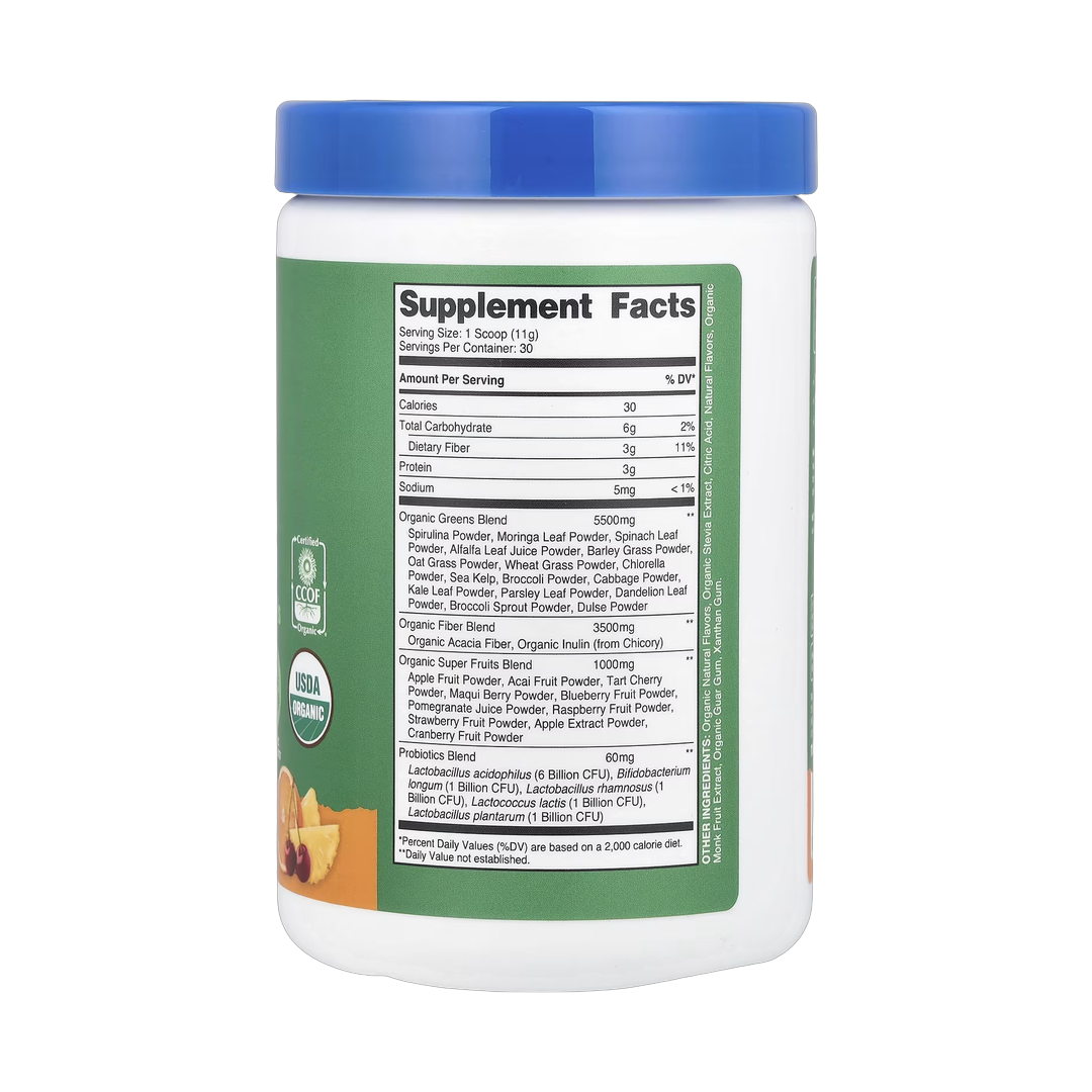 Nutricost, Organic Super Greens, Orange Sunrise, 12.2 oz (342 g) back packaging view